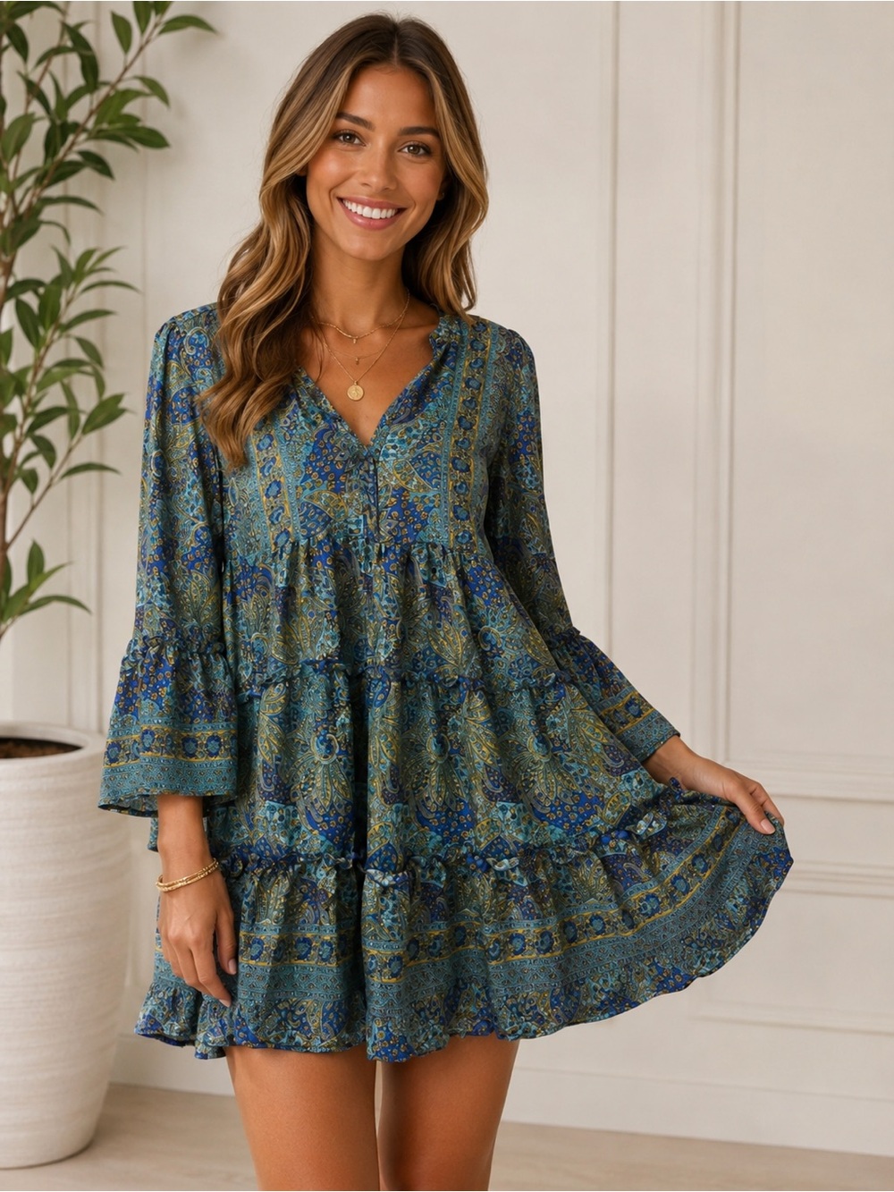 Swarna Greece Boho Silk Tiered V-Neck Mini Dress in Green and Blue Paisley
O/S